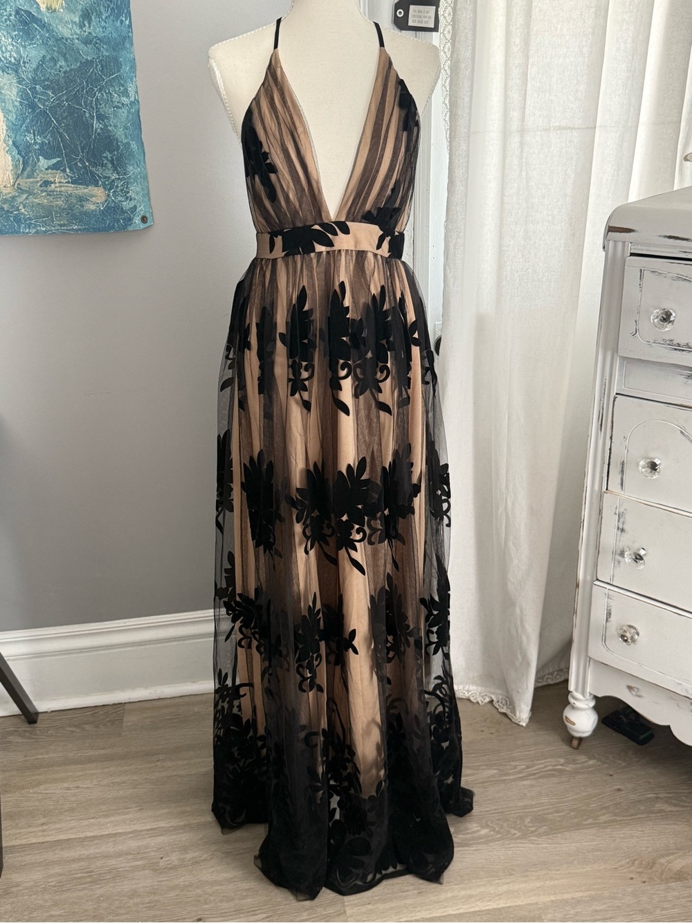 Luxxel Blush Floral Appliqué Tulle Gown